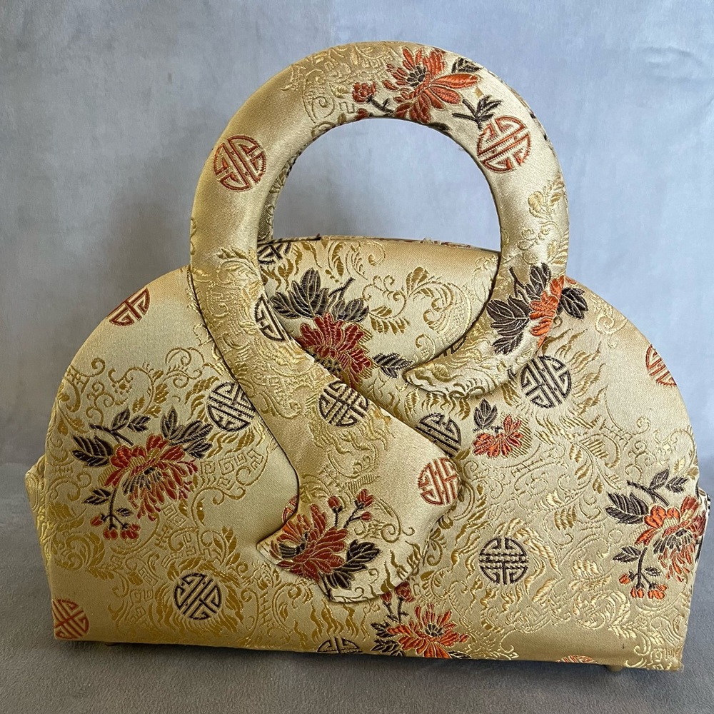 Silk Gold Floral Print Women's Bag w/Detachable Strap - Picture 2 of 8